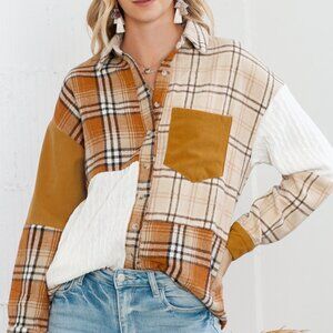 Orange Plaid Color Block Patchwork Pocket Shacket – Size Large